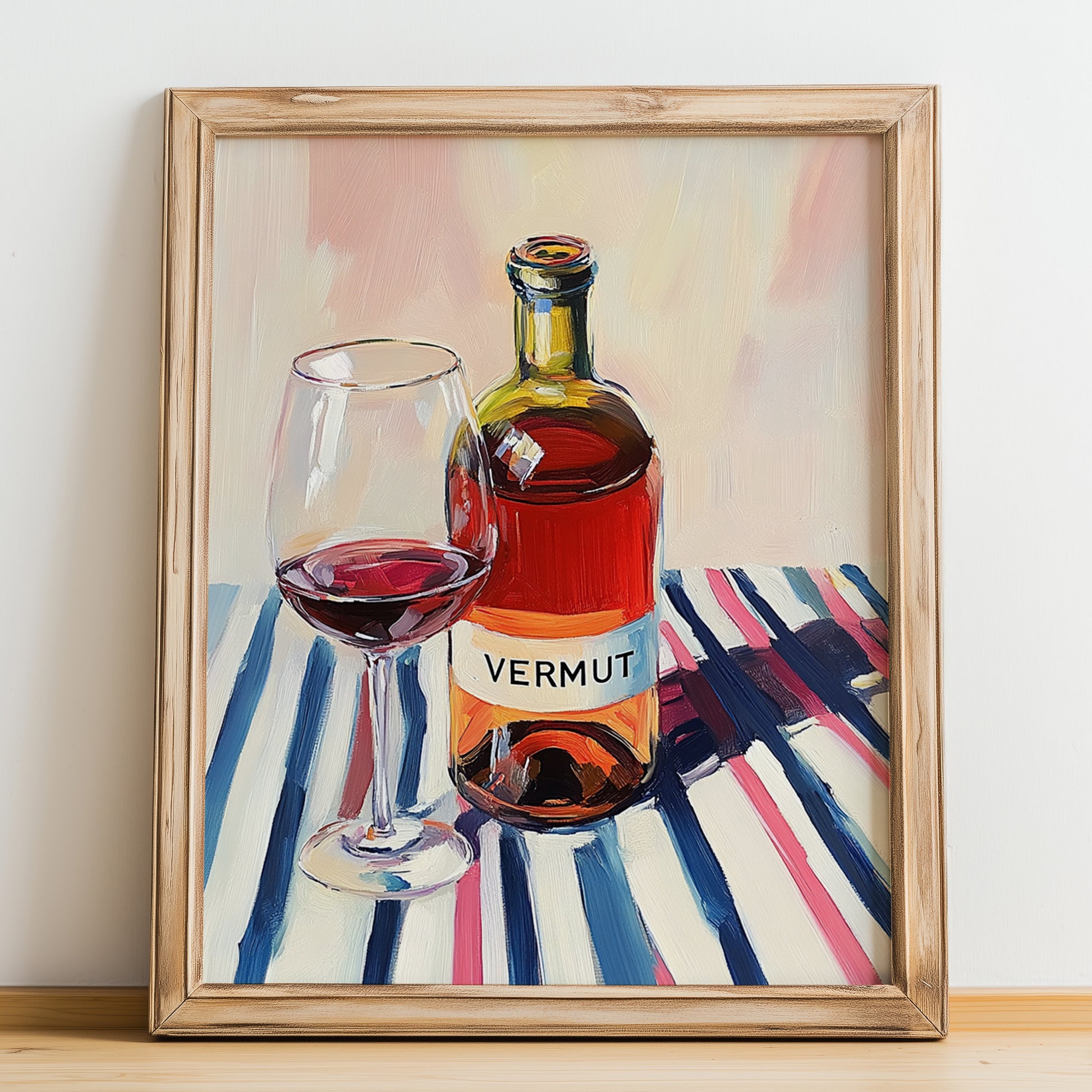 Vermut – on Striped Tablecloth, Spanish Wine Still Life, no-text version framed in wood
