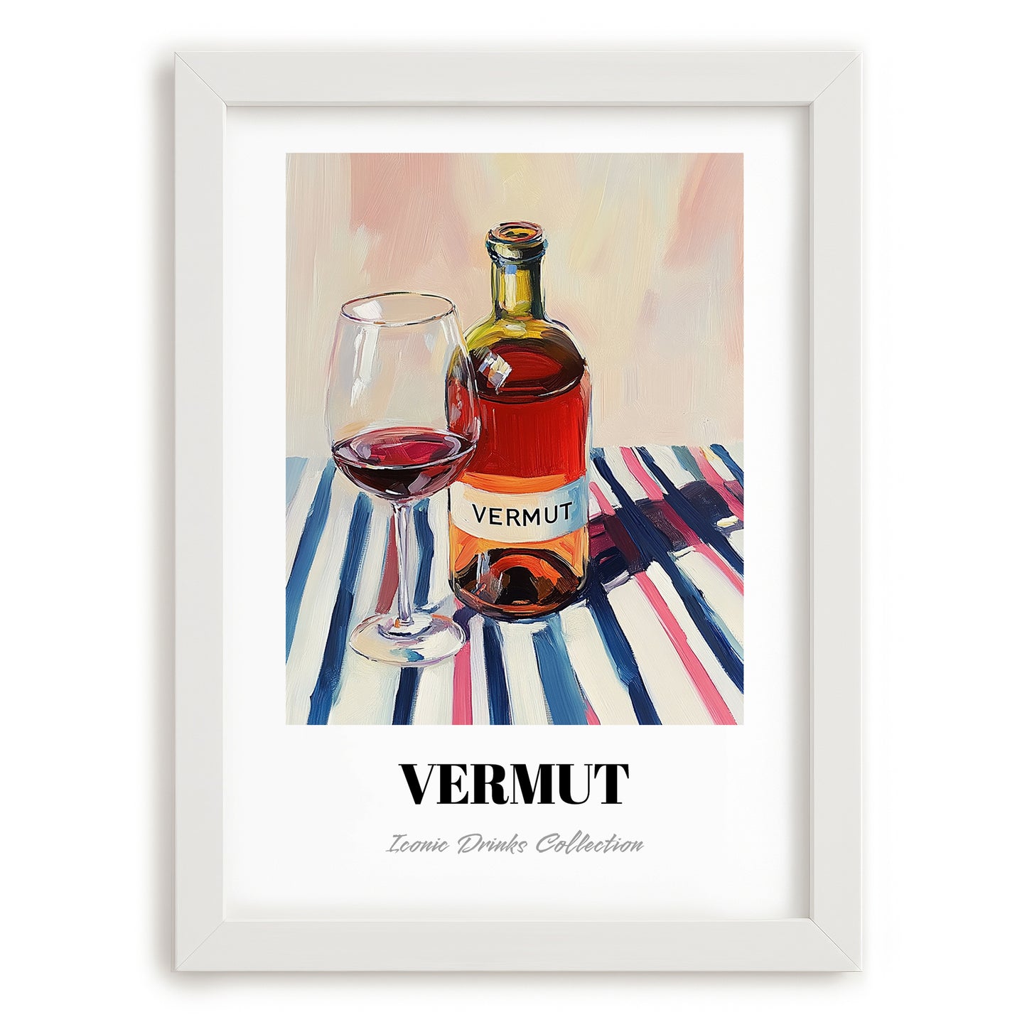 Vermut – on Striped Tablecloth, Spanish Wine Still Life, placed in minimal white frame