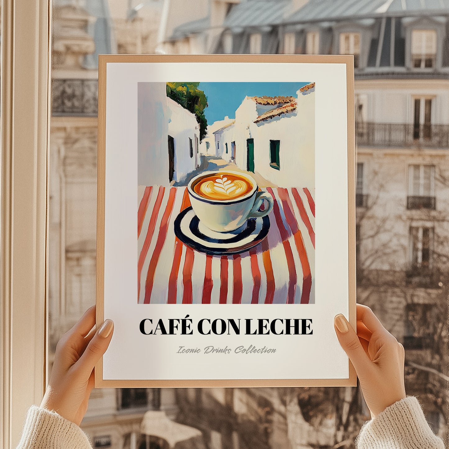 Café Con Leche – Spanish Street Café Scene, Spanish Coffee Illustration, styled in a charming Paris street view