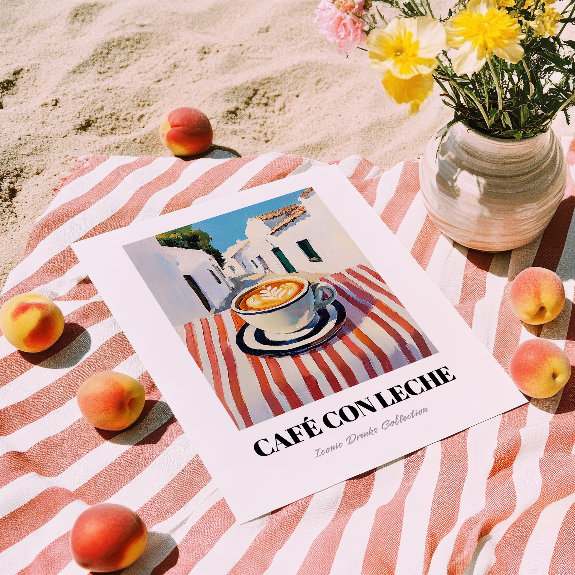 Café Con Leche – Spanish Street Café Scene, Spanish Coffee Illustration, unframed on coastal sand