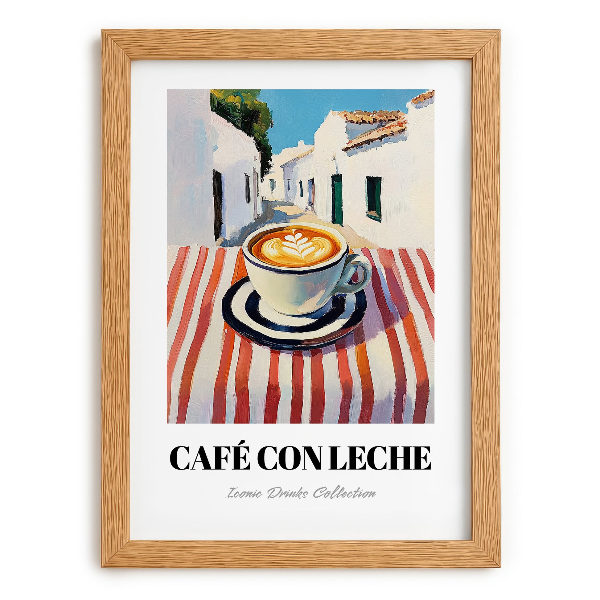 Café Con Leche – Spanish Street Café Scene, Spanish Coffee Illustration, set in oak frame