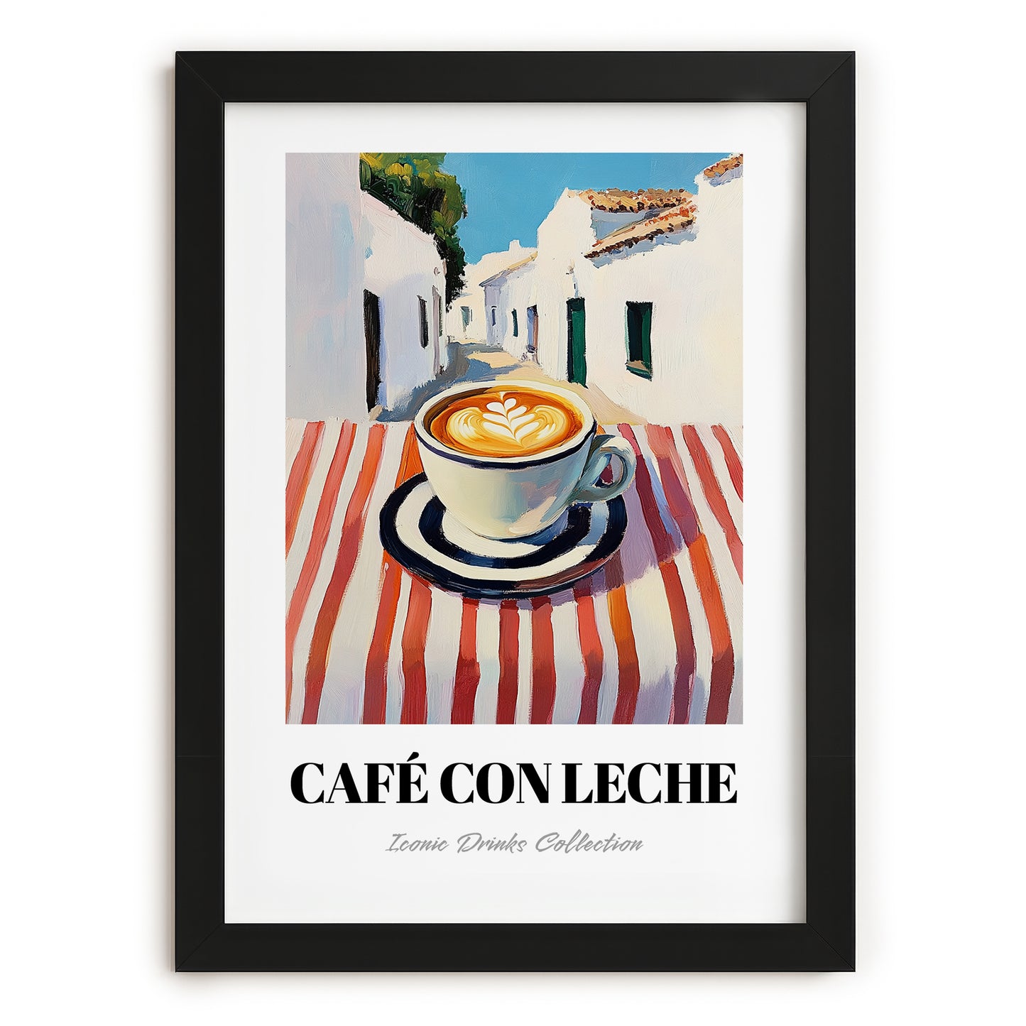Café Con Leche – Spanish Street Café Scene, Spanish Coffee Illustration, in sleek black frame