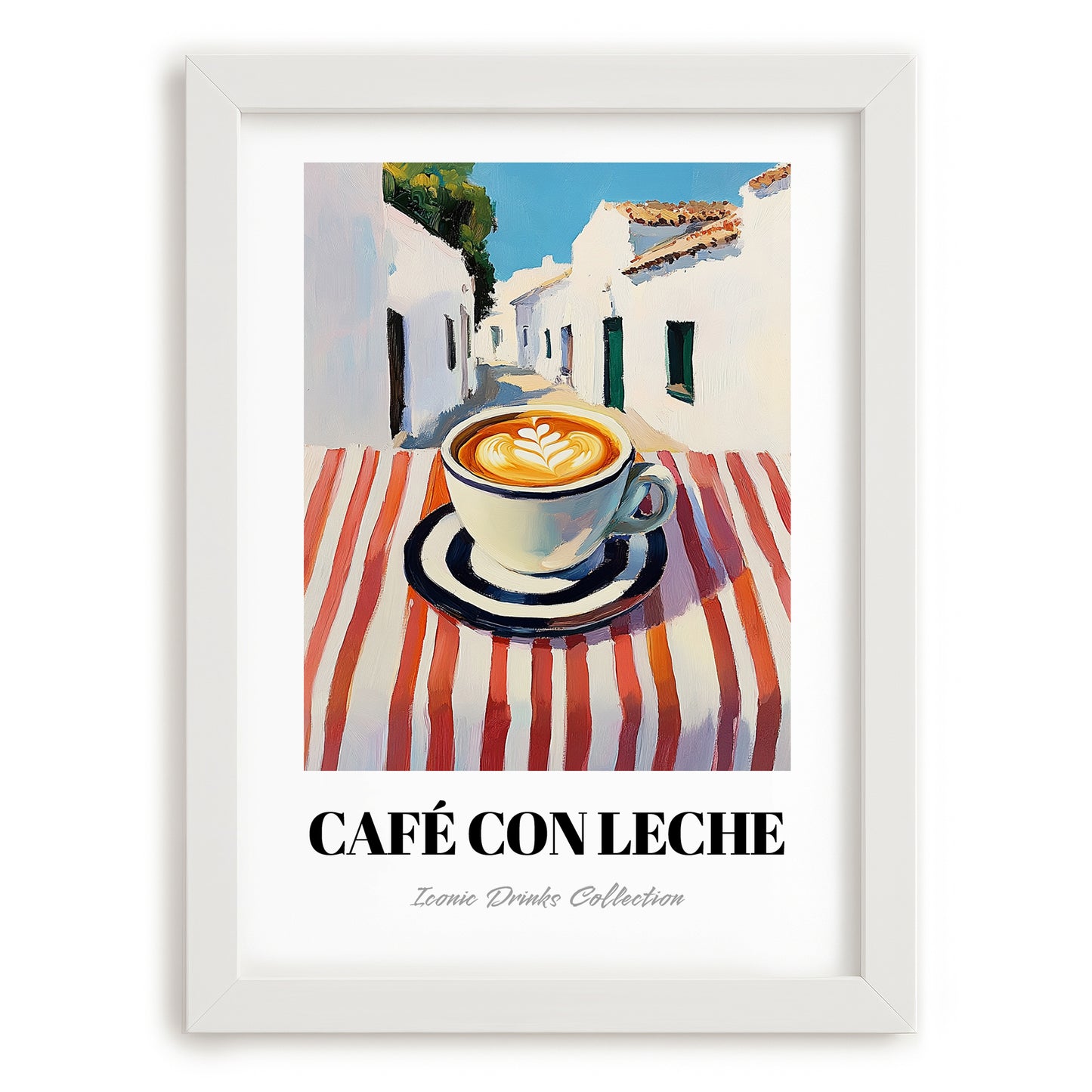 Café Con Leche – Spanish Street Café Scene, Spanish Coffee Illustration, placed in minimal white frame