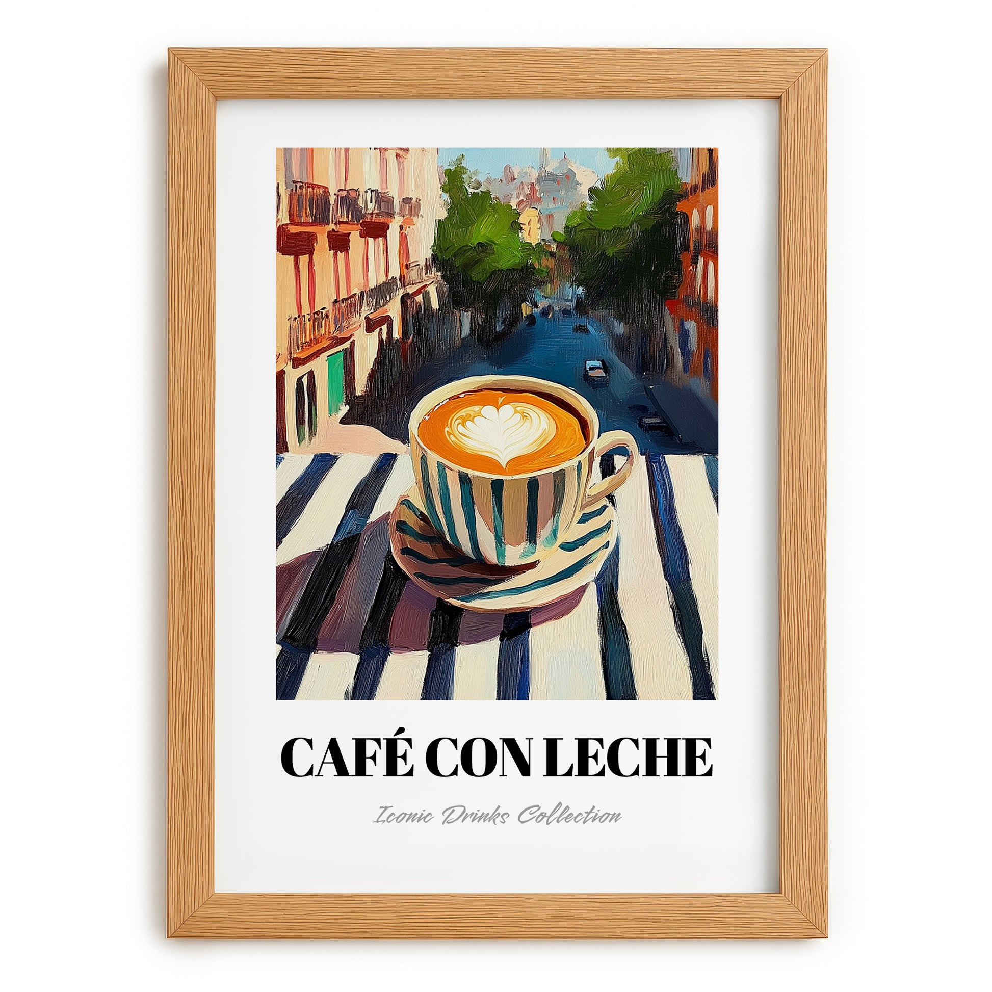 Café Con Leche – Spanish Outdoor Café Scene, Spanish Coffee Wall Decor, set in oak frame
