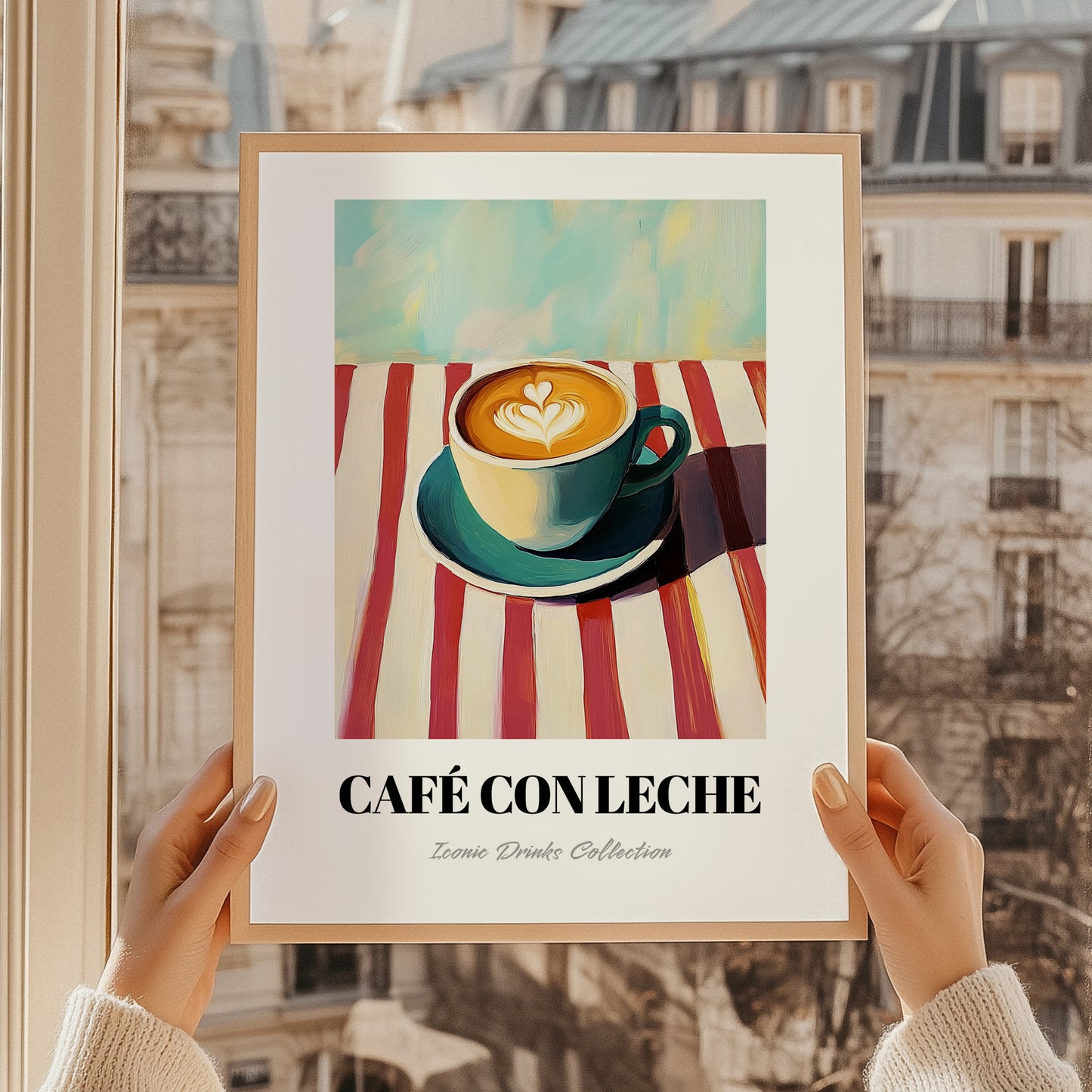 Café Con Leche – on Striped Tablecloth, Spanish Coffee Painting, styled in a charming Paris street view