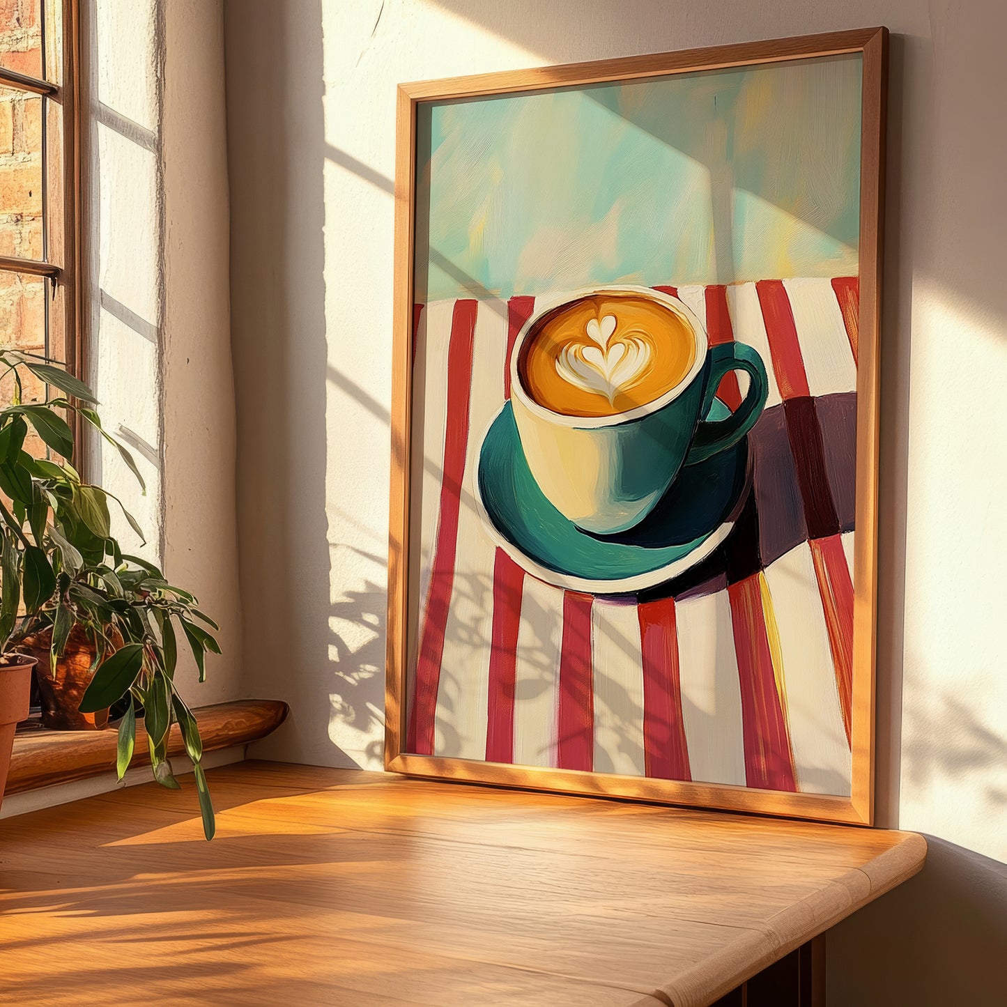 Café Con Leche – on Striped Tablecloth, Spanish Coffee Painting, clean layout with no caption