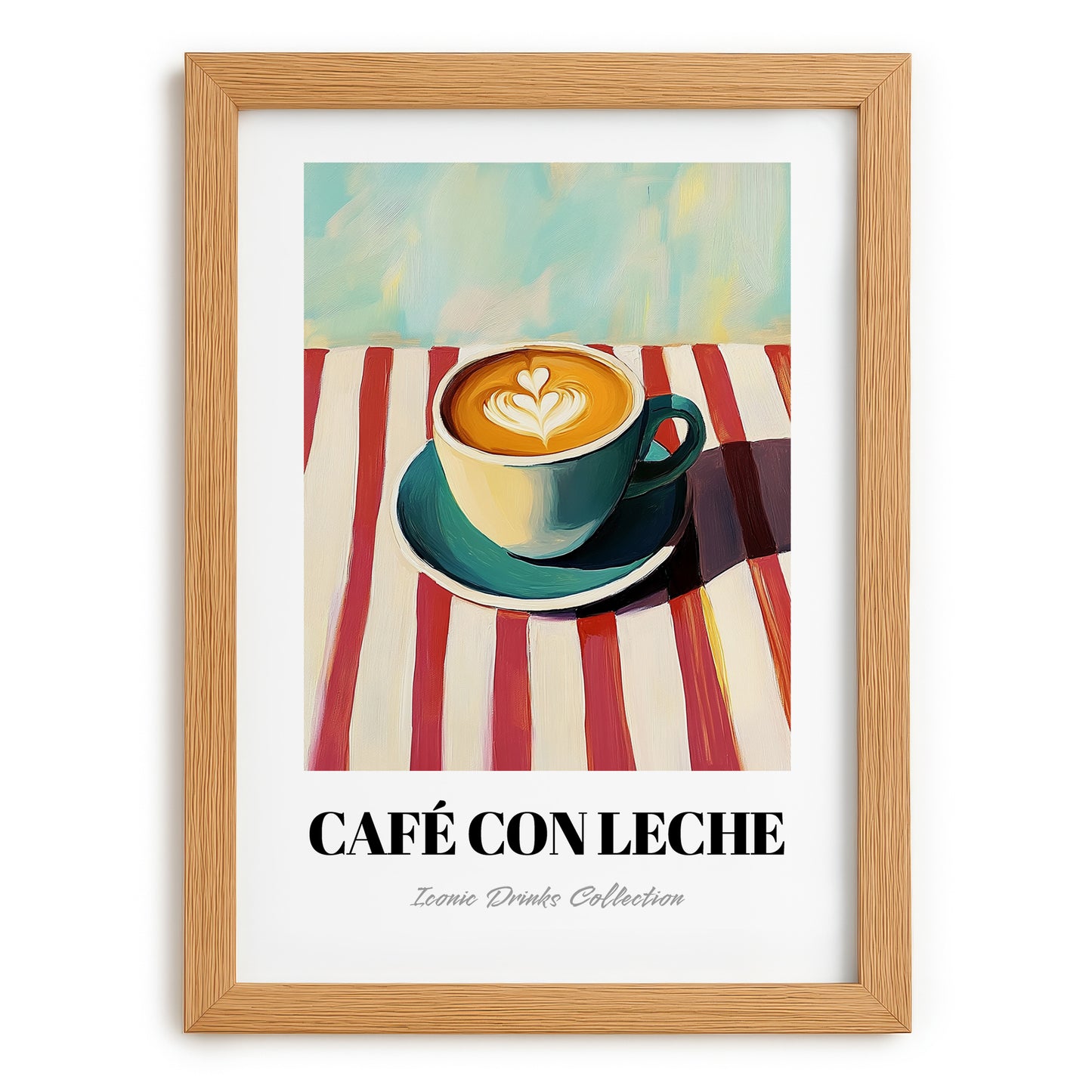 Café Con Leche – on Striped Tablecloth, Spanish Coffee Painting, set in oak frame