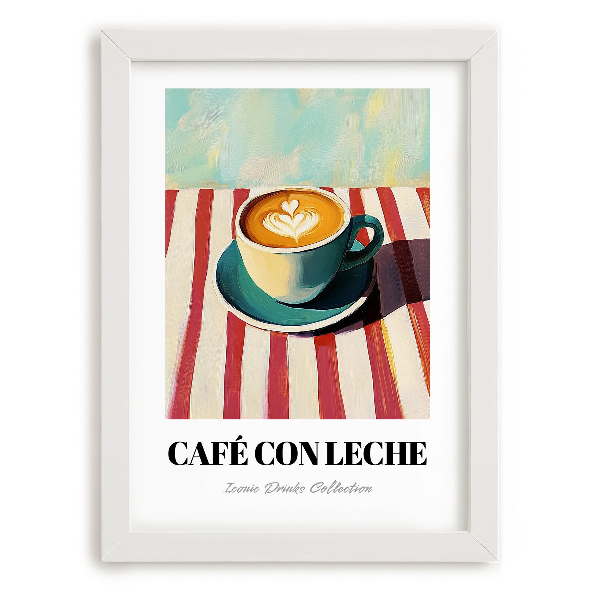 Café Con Leche – on Striped Tablecloth, Spanish Coffee Painting, placed in minimal white frame