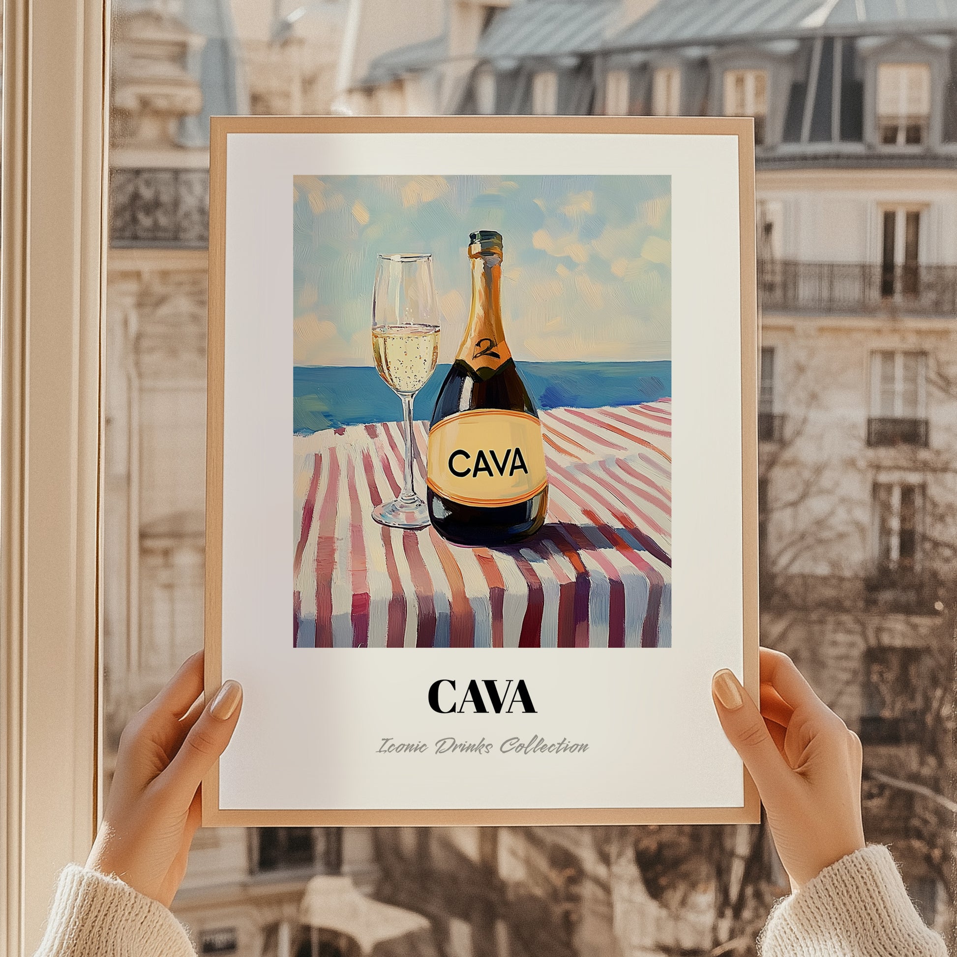 Cava – Spanish Coastal Table, Spanish Wine Poster, styled in a charming Paris street view