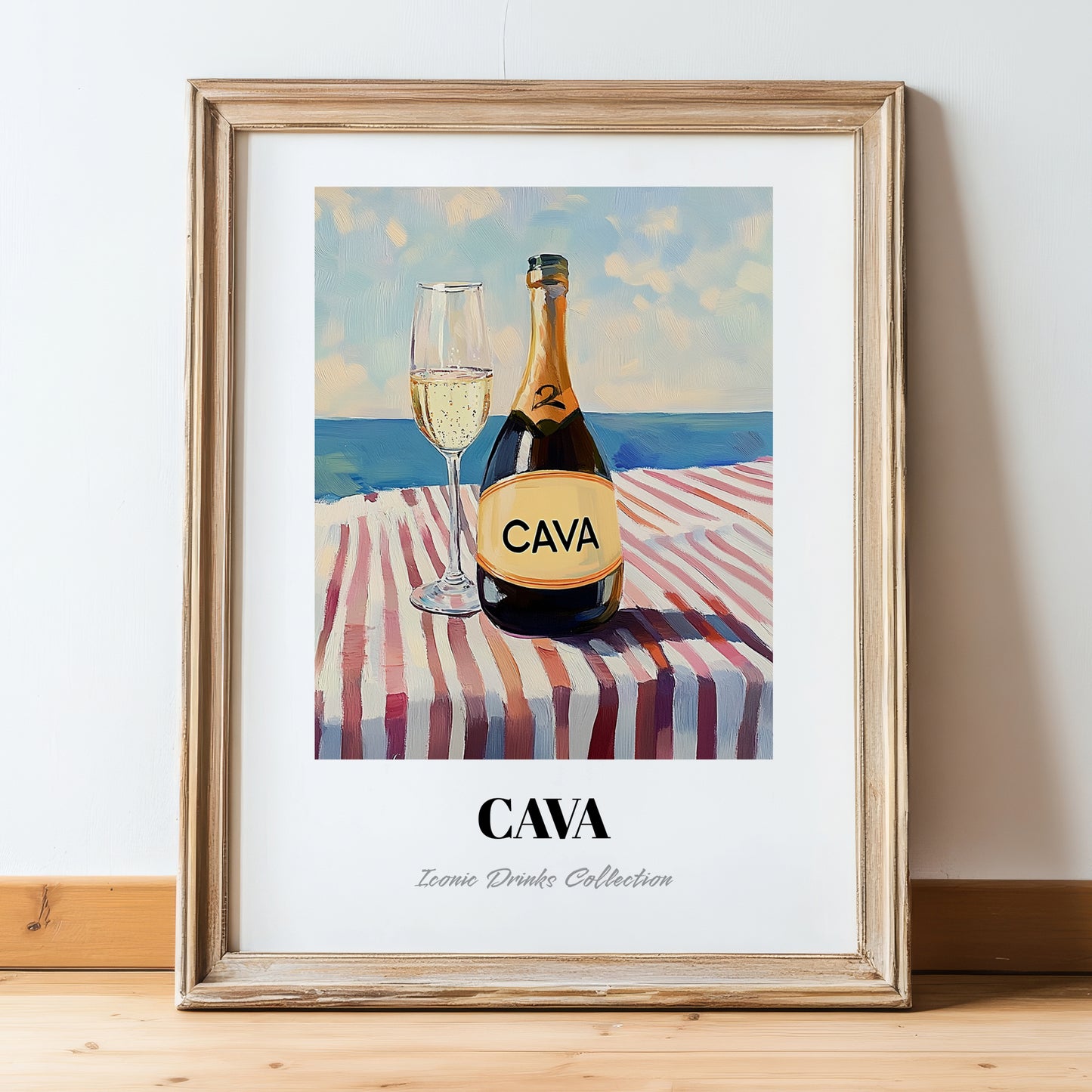 Cava – Spanish Coastal Table, Spanish Wine Poster, in wooden frame leaning on the floor