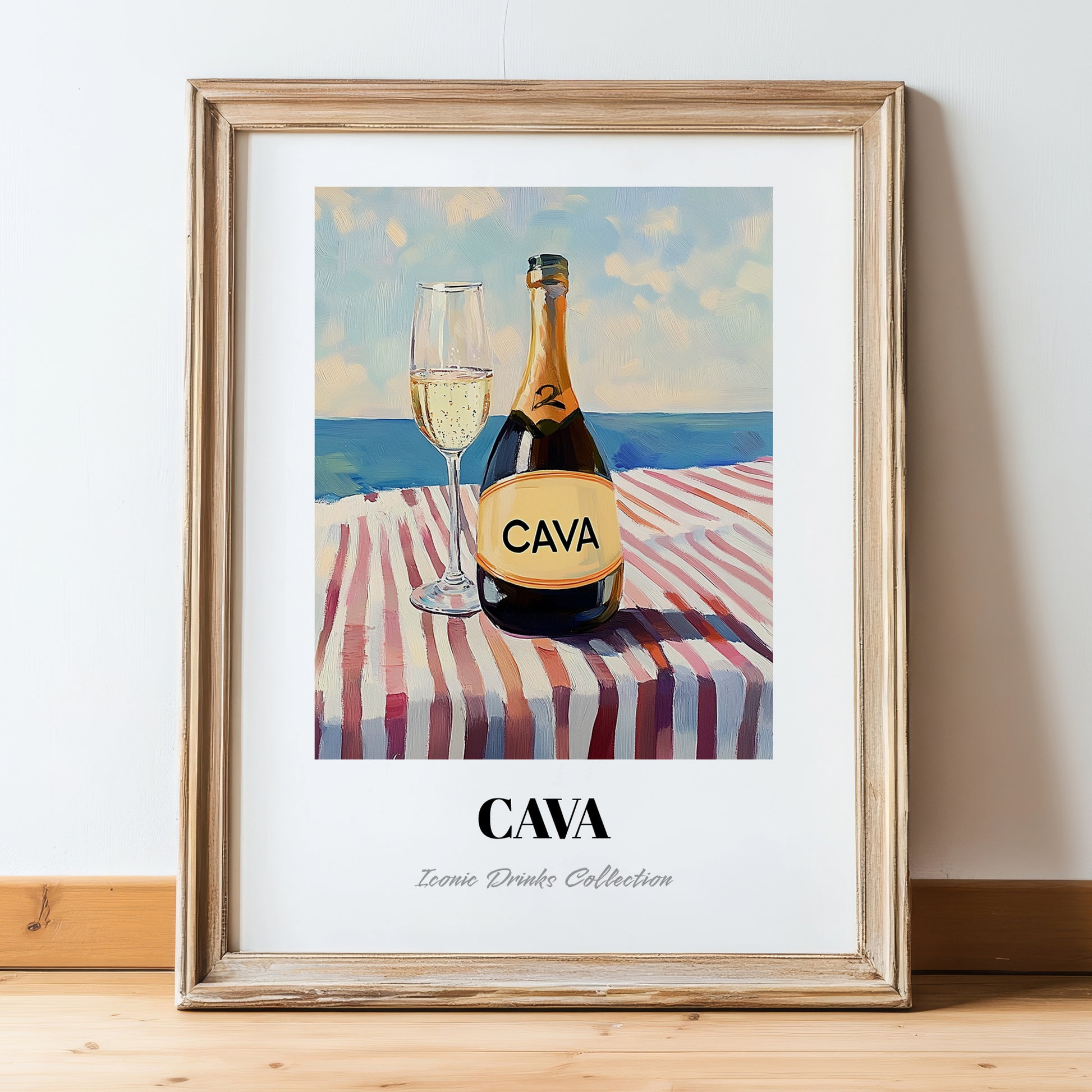 Cava – Spanish Coastal Table, Spanish Wine Poster, in wooden frame leaning on the floor