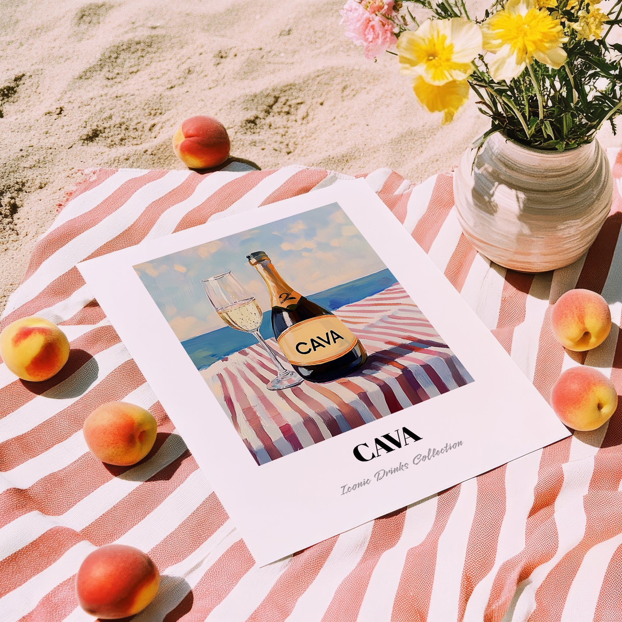 Cava – Spanish Coastal Table, Spanish Wine Poster, unframed on coastal sand