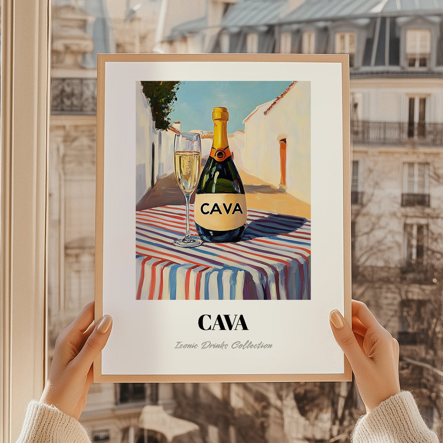 Cava – Spanish Urban Café Scene, Spanish Wine Print, styled in a charming Paris street view