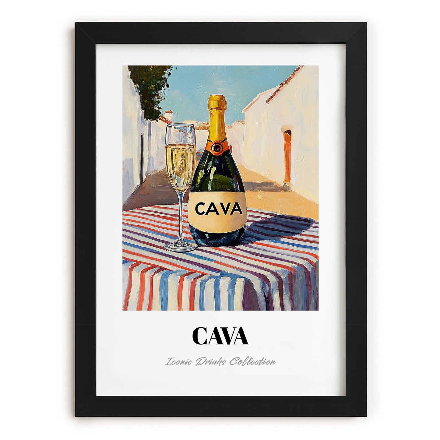Cava – Spanish Urban Café Scene, Spanish Wine Print, in sleek black frame