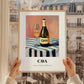 Cava – on Striped Tablecloth, Spanish Wine Wall Illustration, styled in a charming Paris street view