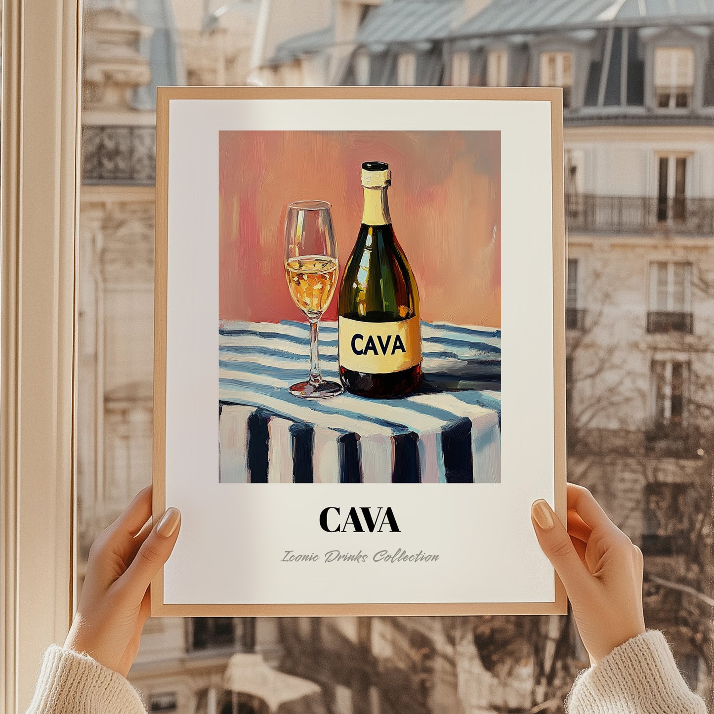 Cava – on Striped Tablecloth, Spanish Wine Wall Illustration, styled in a charming Paris street view