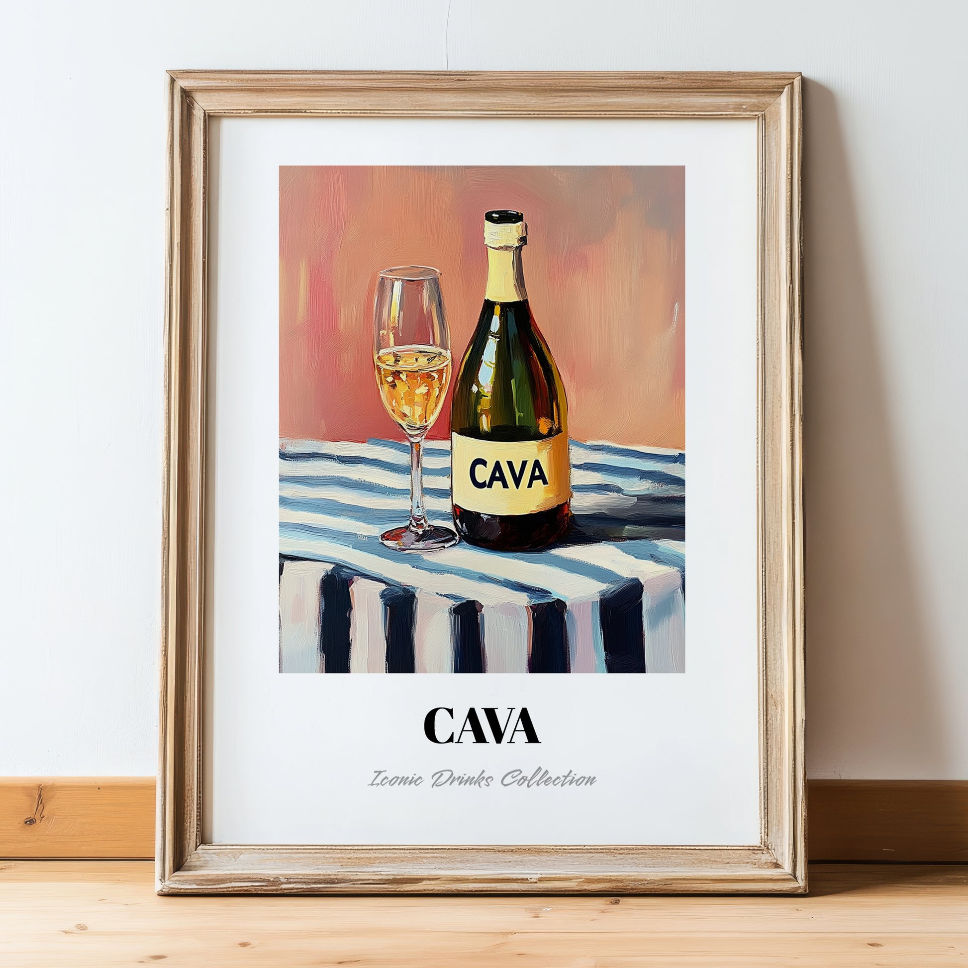 Cava – on Striped Tablecloth, Spanish Wine Wall Illustration, in wooden frame leaning on the floor