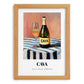 Cava – on Striped Tablecloth, Spanish Wine Wall Illustration, set in oak frame