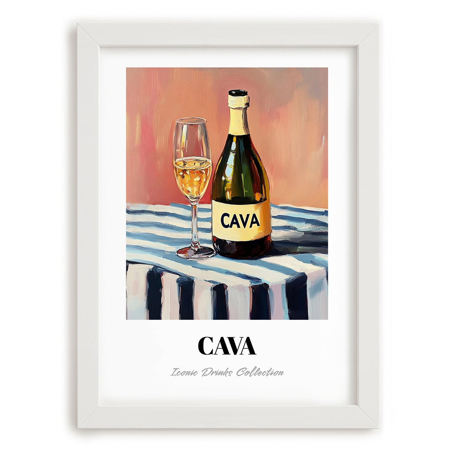 Cava – on Striped Tablecloth, Spanish Wine Wall Illustration, placed in minimal white frame