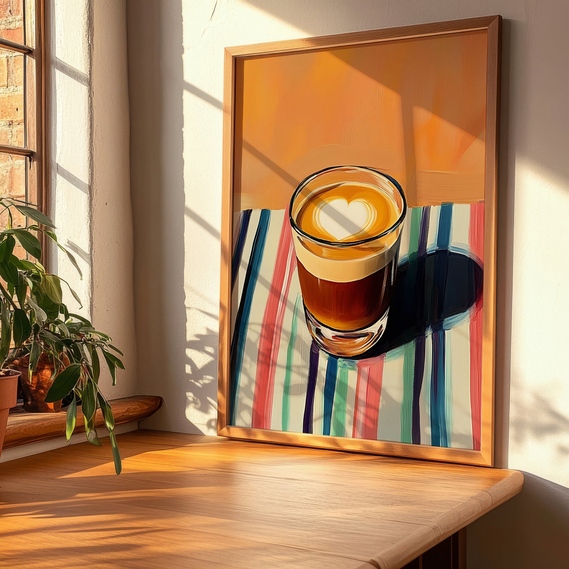 Cortado – on Striped Tablecloth, Spanish Coffee Wall Decor, clean layout with no caption