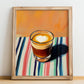 Cortado – on Striped Tablecloth, Spanish Coffee Wall Decor, no-text version framed in wood