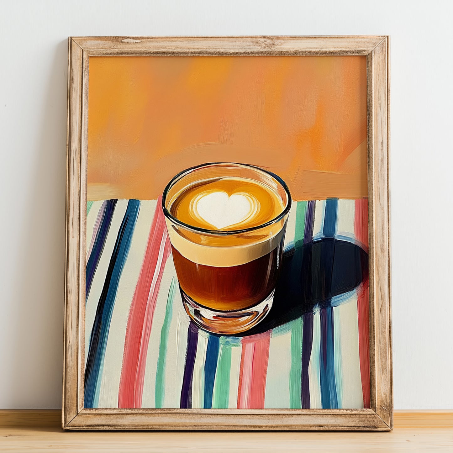 Cortado – on Striped Tablecloth, Spanish Coffee Wall Decor, no-text version framed in wood