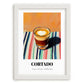 Cortado – on Striped Tablecloth, Spanish Coffee Wall Decor, placed in minimal white frame
