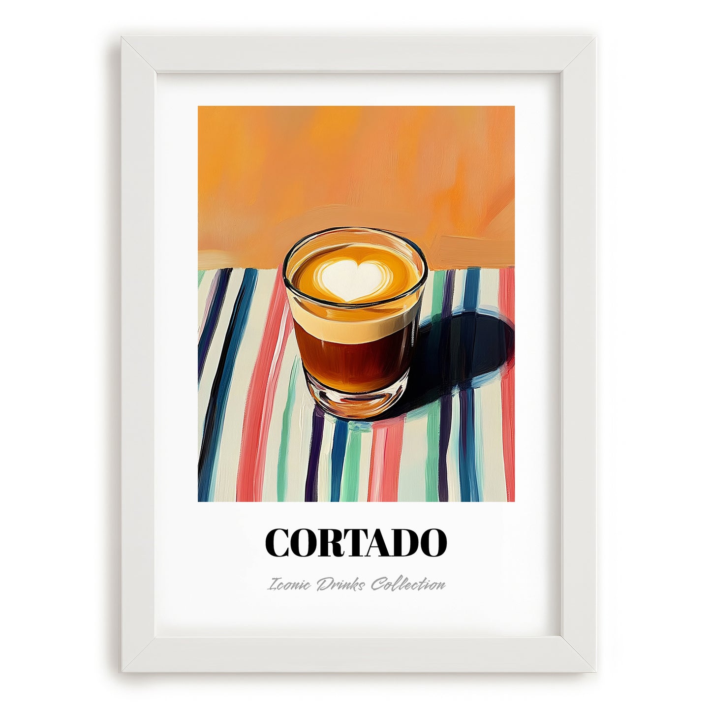 Cortado – on Striped Tablecloth, Spanish Coffee Wall Decor, placed in minimal white frame