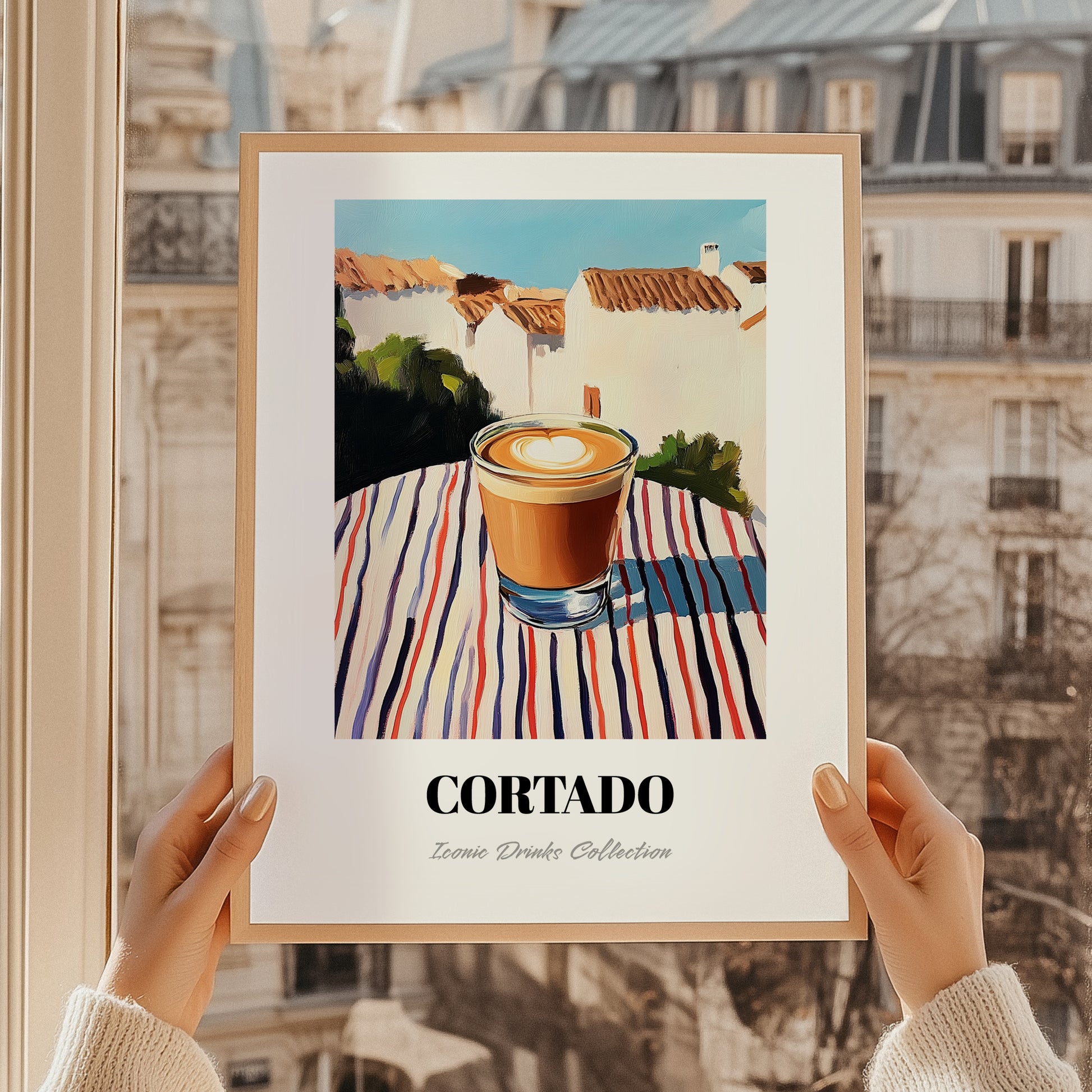 Cortado – Spanish Street Café Scene, Spanish Coffee Art, styled in a charming Paris street view