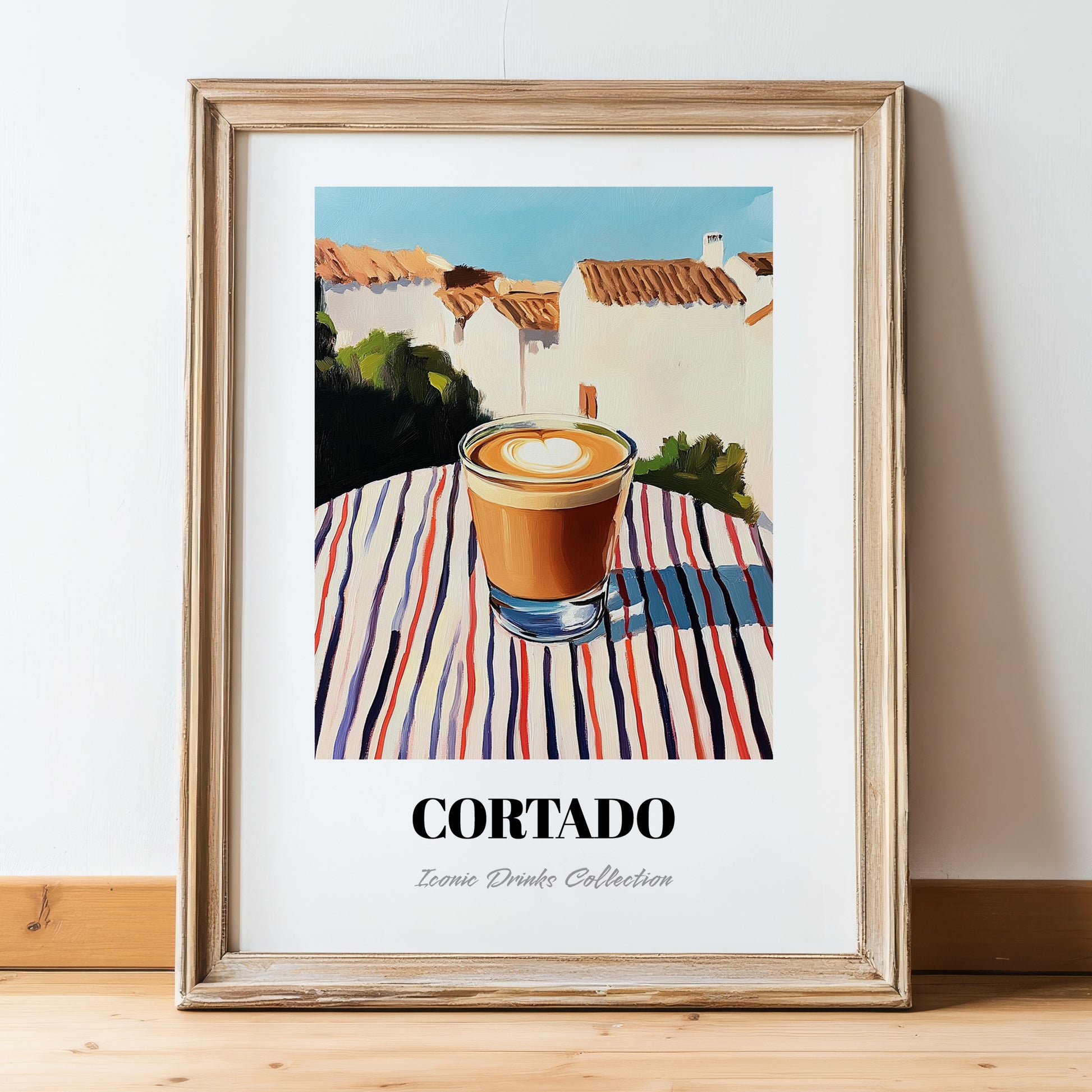 Cortado – Spanish Street Café Scene, Spanish Coffee Art, in wooden frame leaning on the floor