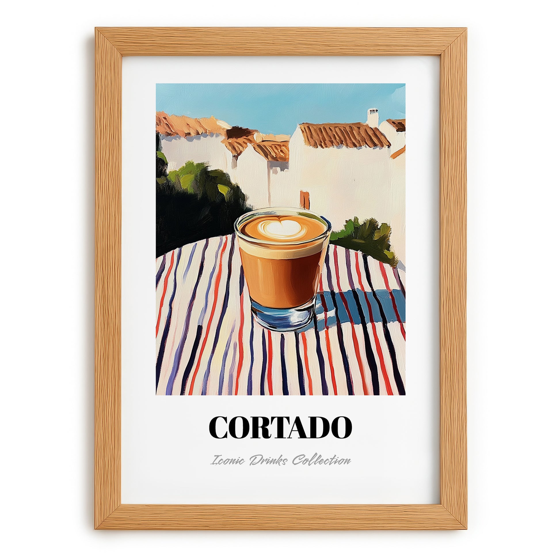 Cortado – Spanish Street Café Scene, Spanish Coffee Art, set in oak frame