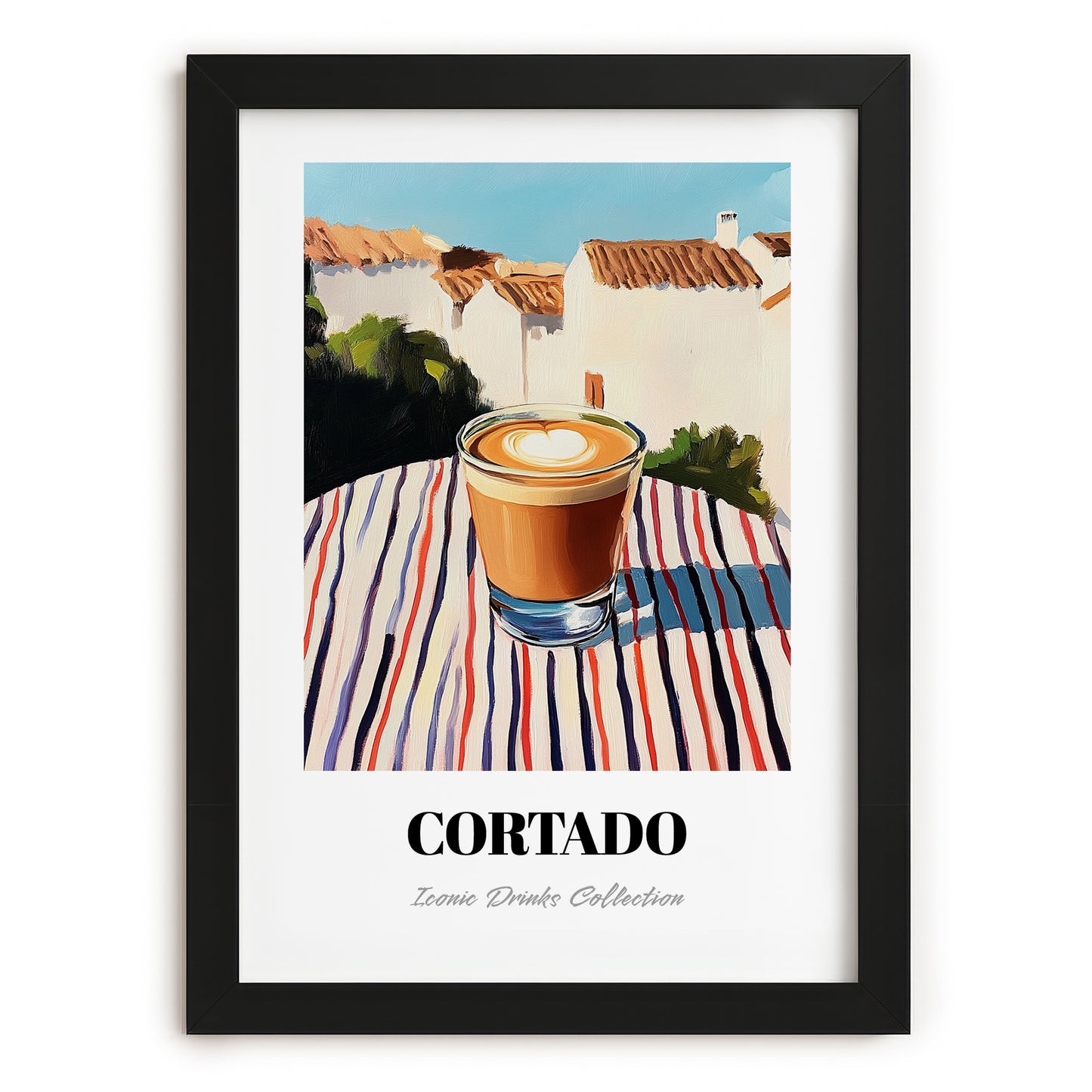 Cortado – Spanish Street Café Scene, Spanish Coffee Art, in sleek black frame