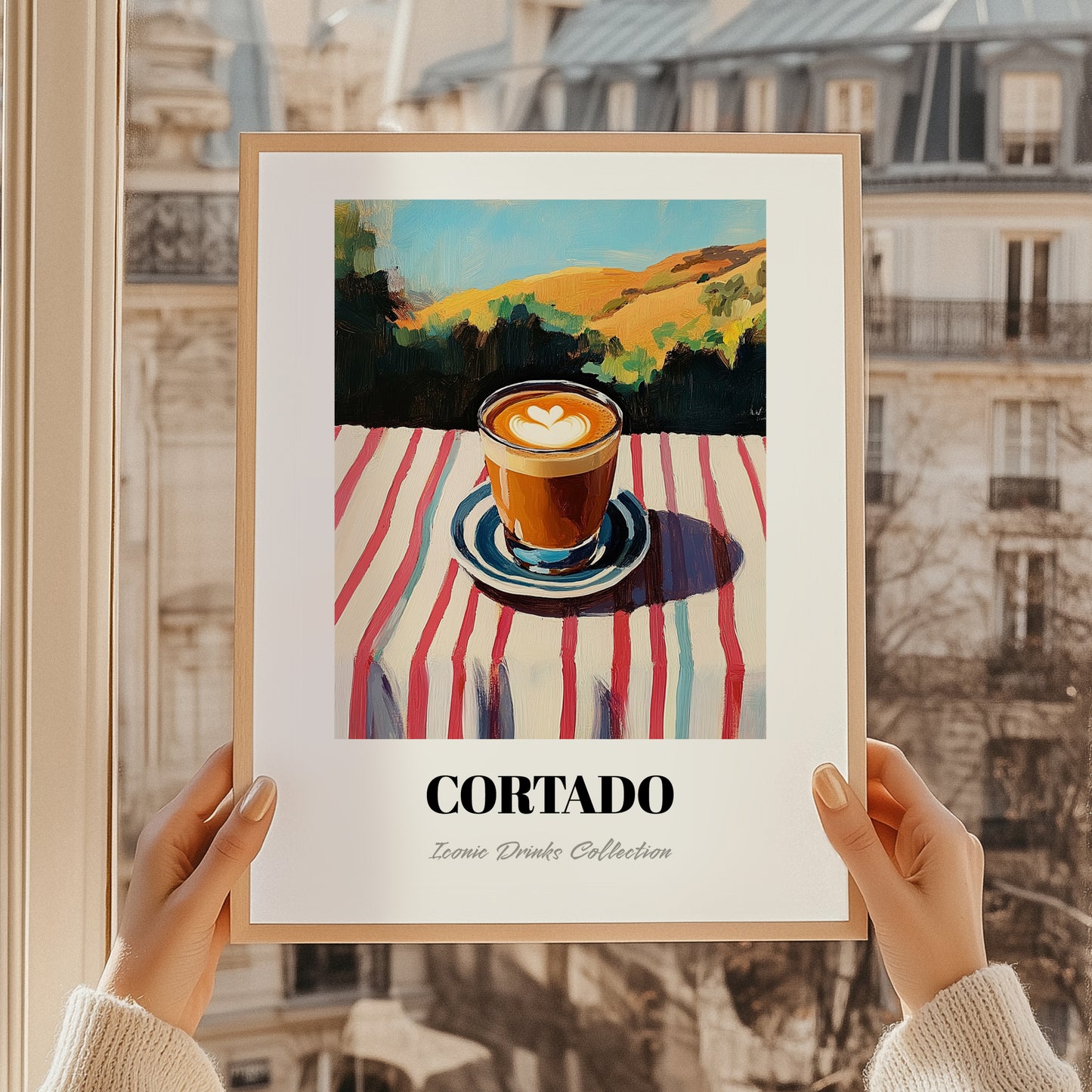 Cortado – Spanish Hilltop Table Scene, Spanish Coffee Wall Decor, styled in a charming Paris street view