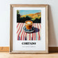 Cortado – Spanish Hilltop Table Scene, Spanish Coffee Wall Decor, in wooden frame leaning on the floor