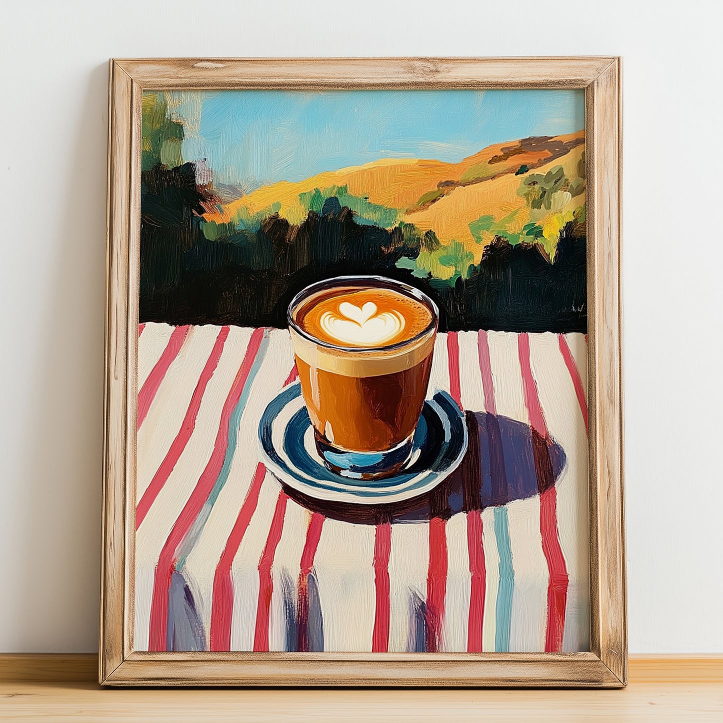 Cortado – Spanish Hilltop Table Scene, Spanish Coffee Wall Decor, no-text version framed in wood