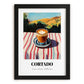 Cortado – Spanish Hilltop Table Scene, Spanish Coffee Wall Decor, in sleek black frame