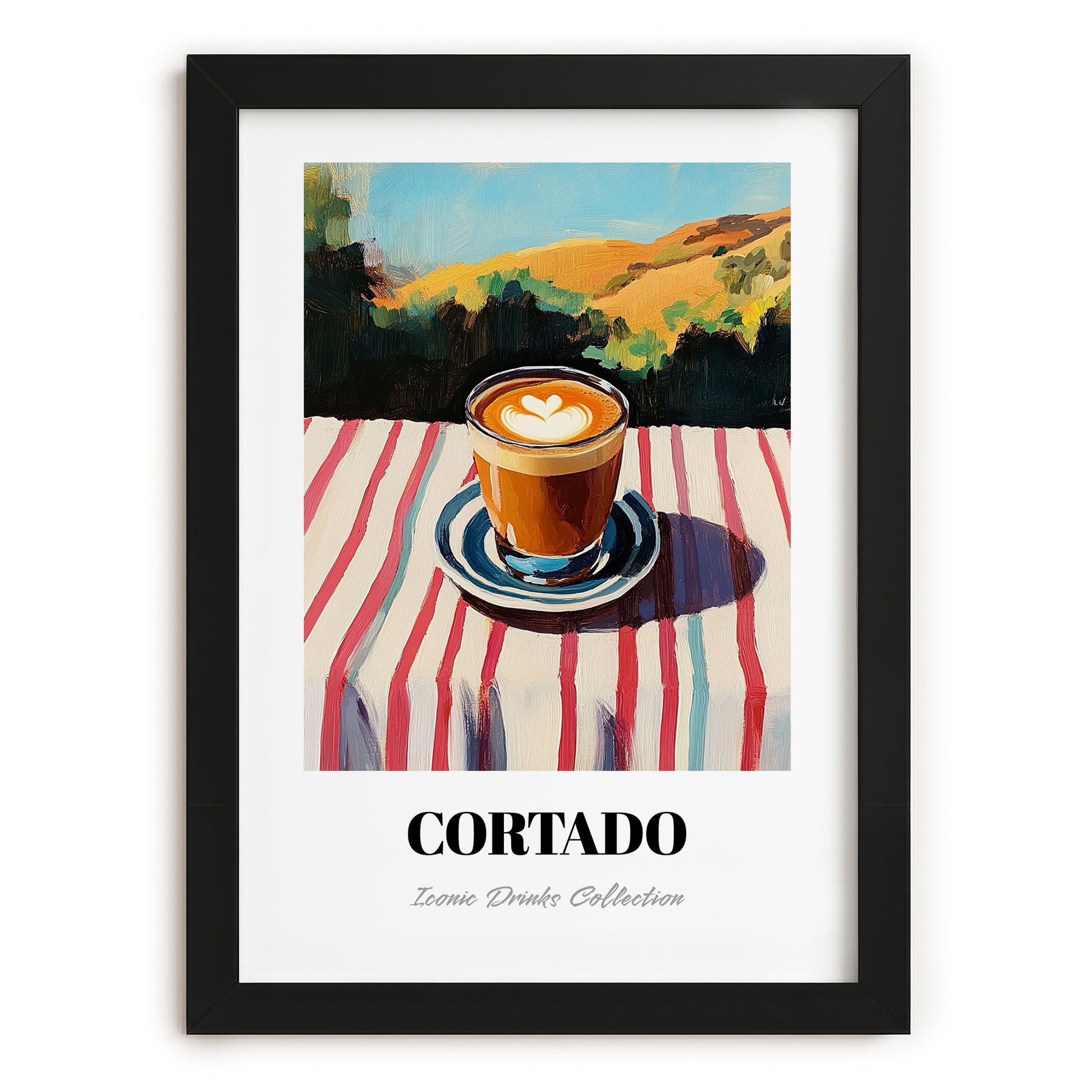 Cortado – Spanish Hilltop Table Scene, Spanish Coffee Wall Decor, in sleek black frame
