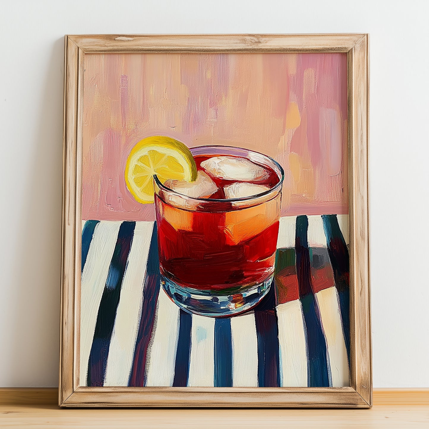 Tinto De Verano – on Striped Tablecloth, Spanish Cocktail Poster, no-text version framed in wood