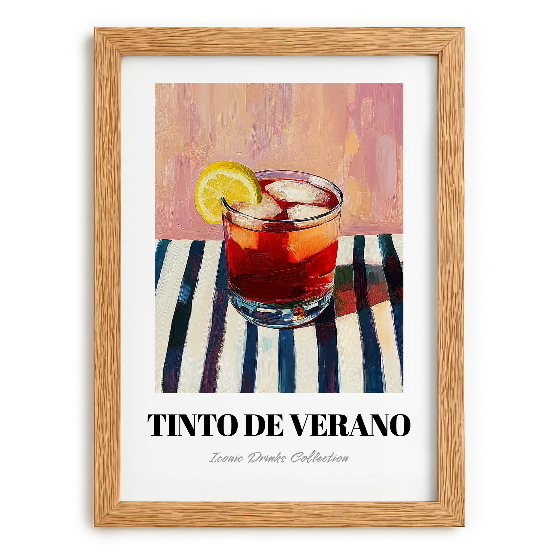 Tinto De Verano – on Striped Tablecloth, Spanish Cocktail Poster, set in oak frame