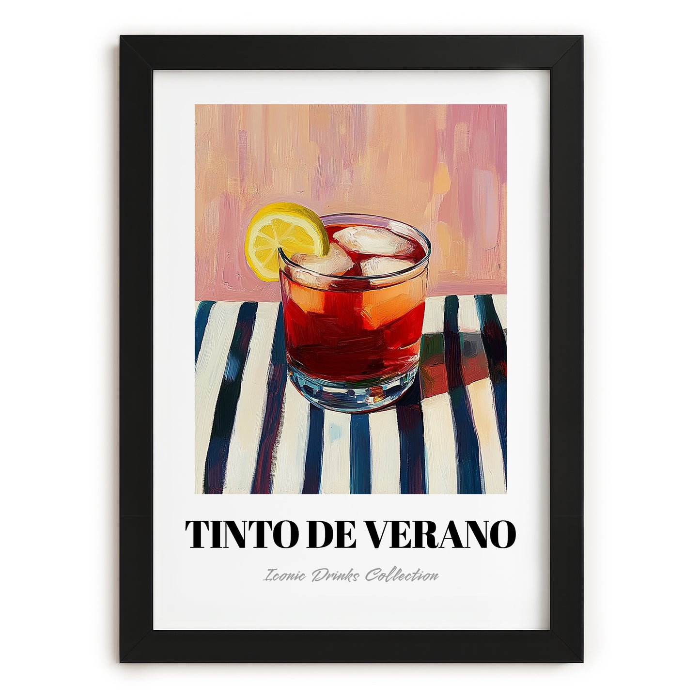 Tinto De Verano – on Striped Tablecloth, Spanish Cocktail Poster, in sleek black frame