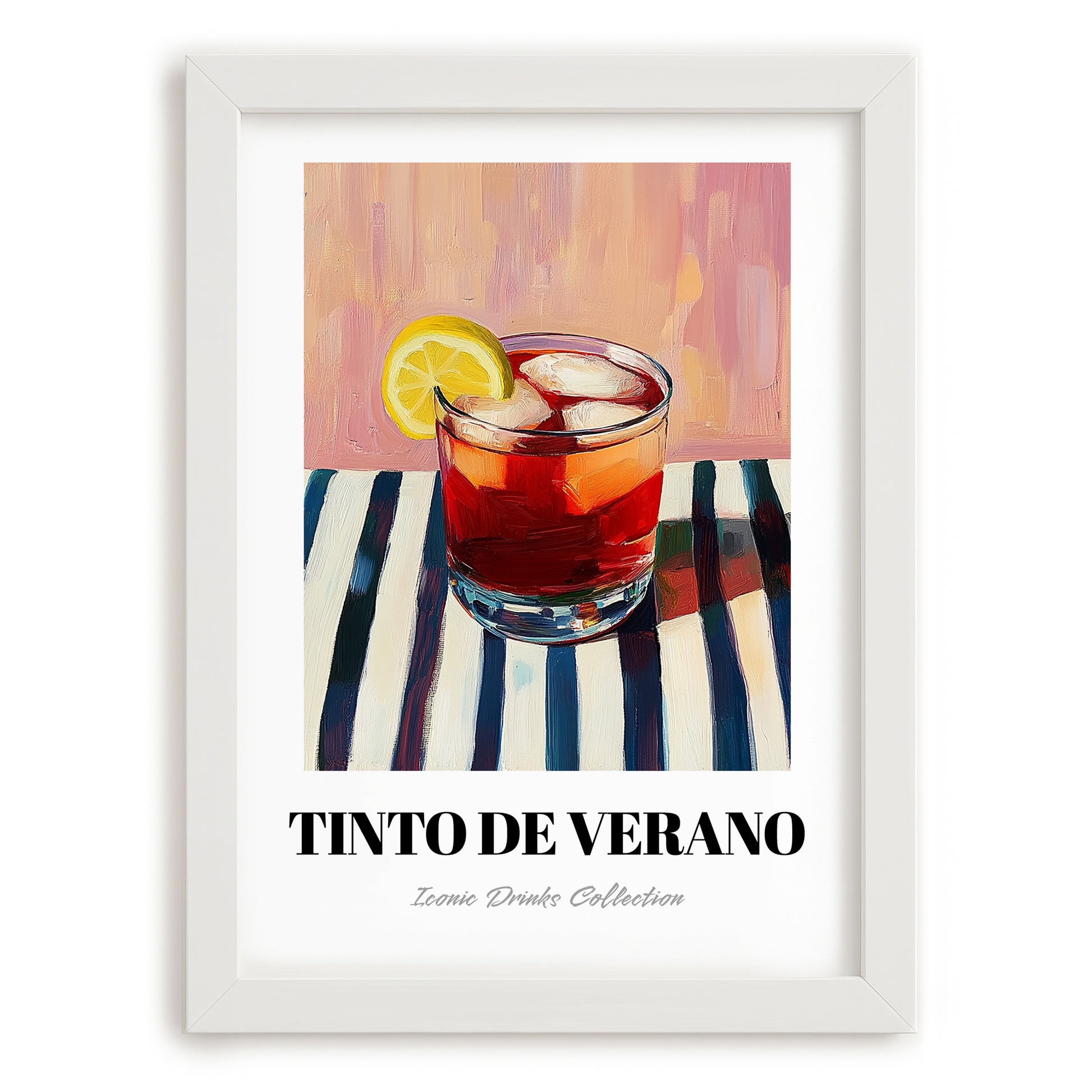 Tinto De Verano – on Striped Tablecloth, Spanish Cocktail Poster, placed in minimal white frame