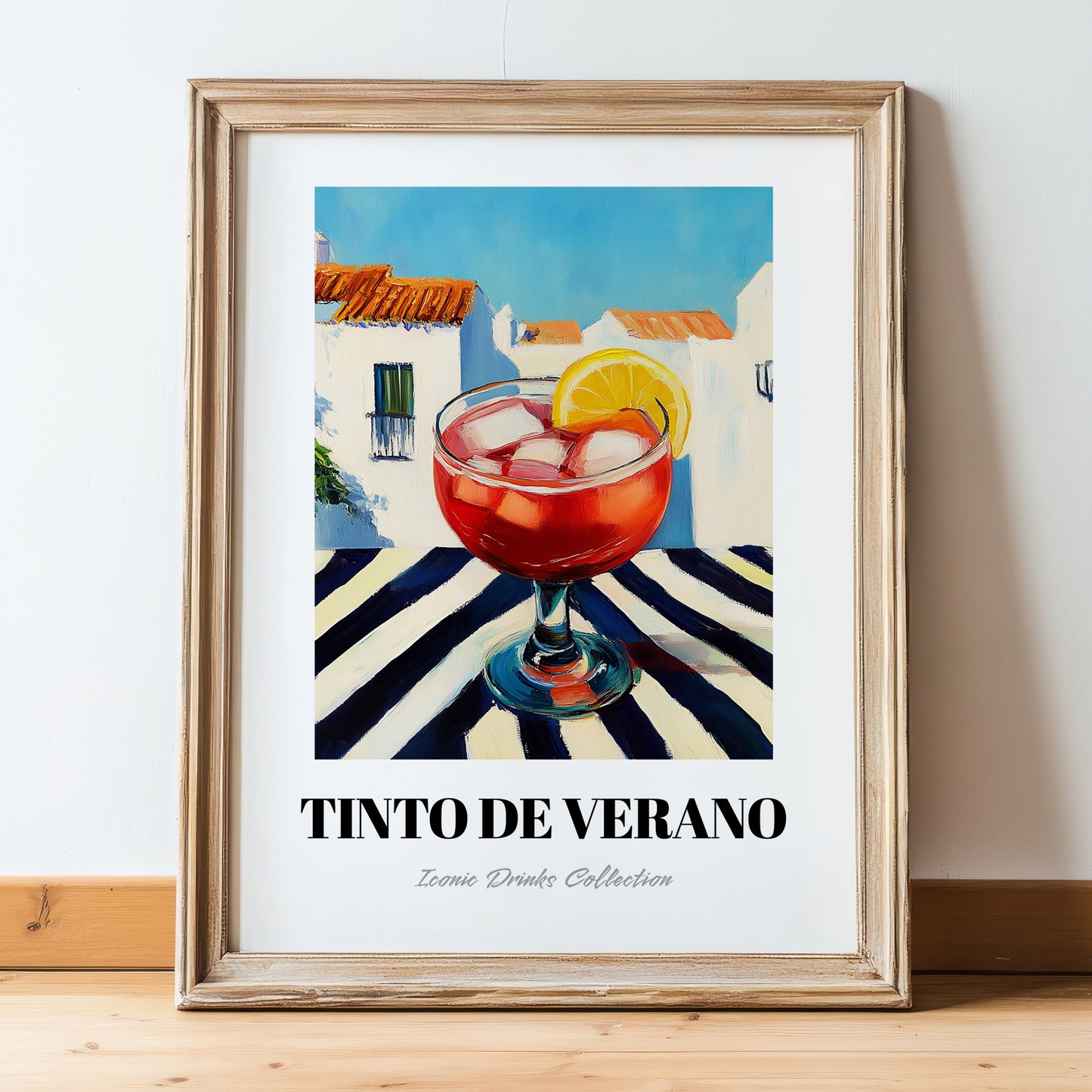 Tinto De Verano – Spanish Café on the Corner, Spanish Cocktail Illustration, in wooden frame leaning on the floor