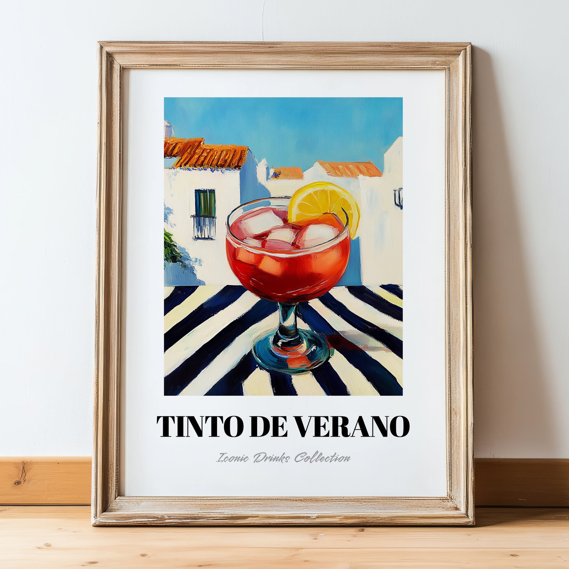 Tinto De Verano – Spanish Café on the Corner, Spanish Cocktail Illustration, in wooden frame leaning on the floor