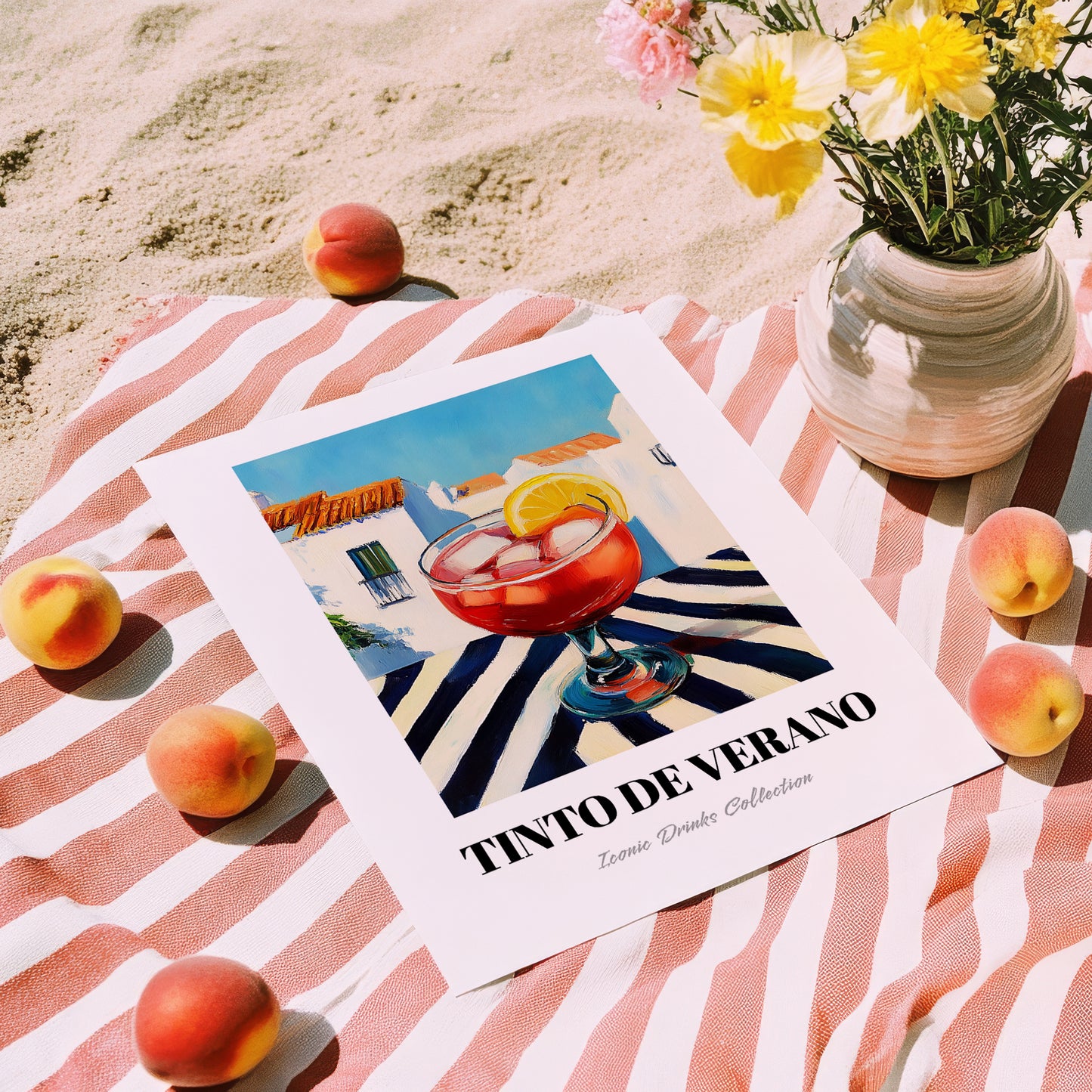 Tinto De Verano – Spanish Café on the Corner, Spanish Cocktail Illustration, unframed on coastal sand