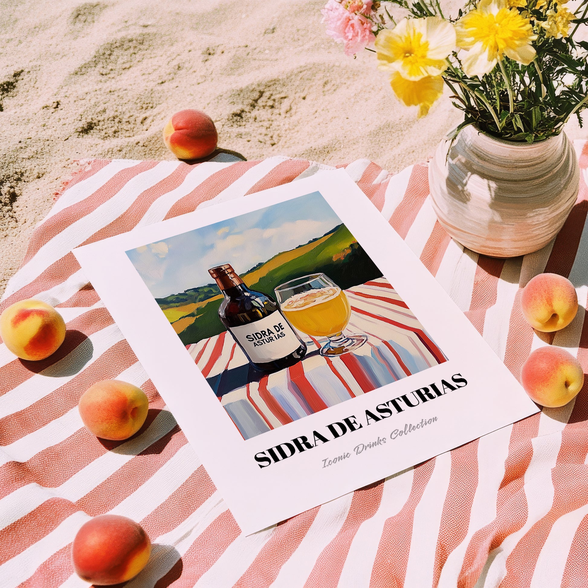 Sidra De Asturias – Spanish Hillside Café View, Spanish Beverage, unframed on coastal sand
