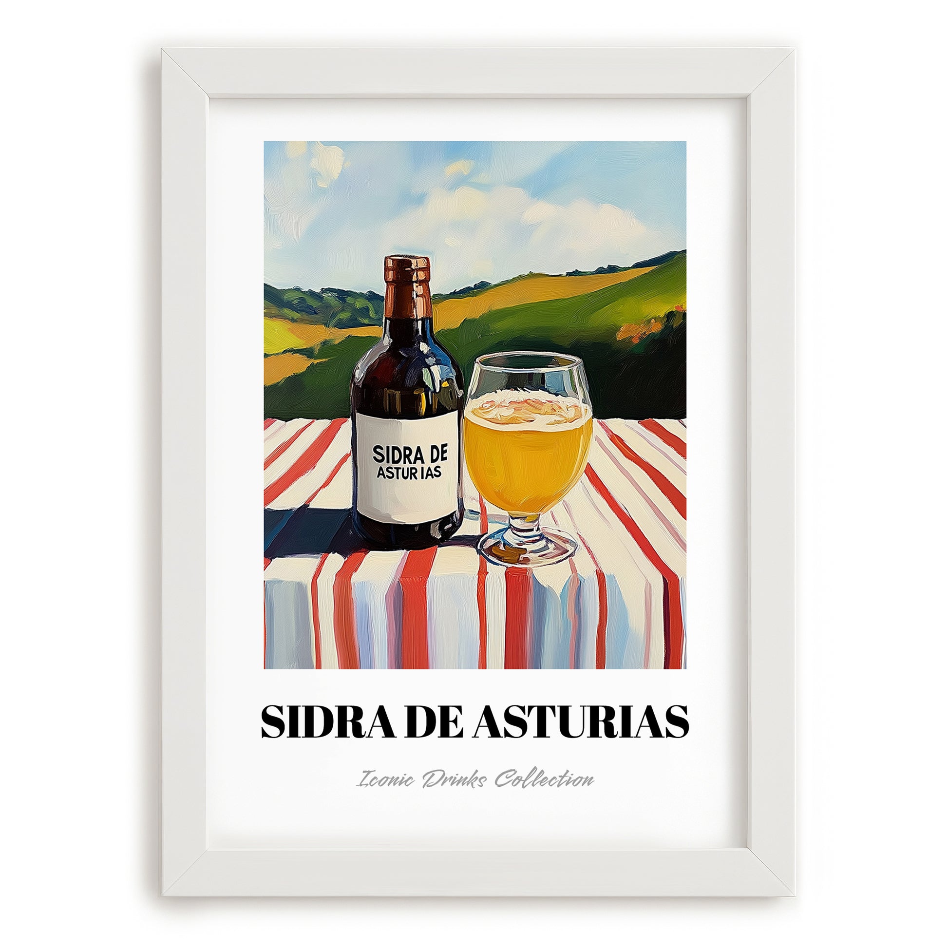 Sidra De Asturias – Spanish Hillside Café View, Spanish Beverage, placed in minimal white frame