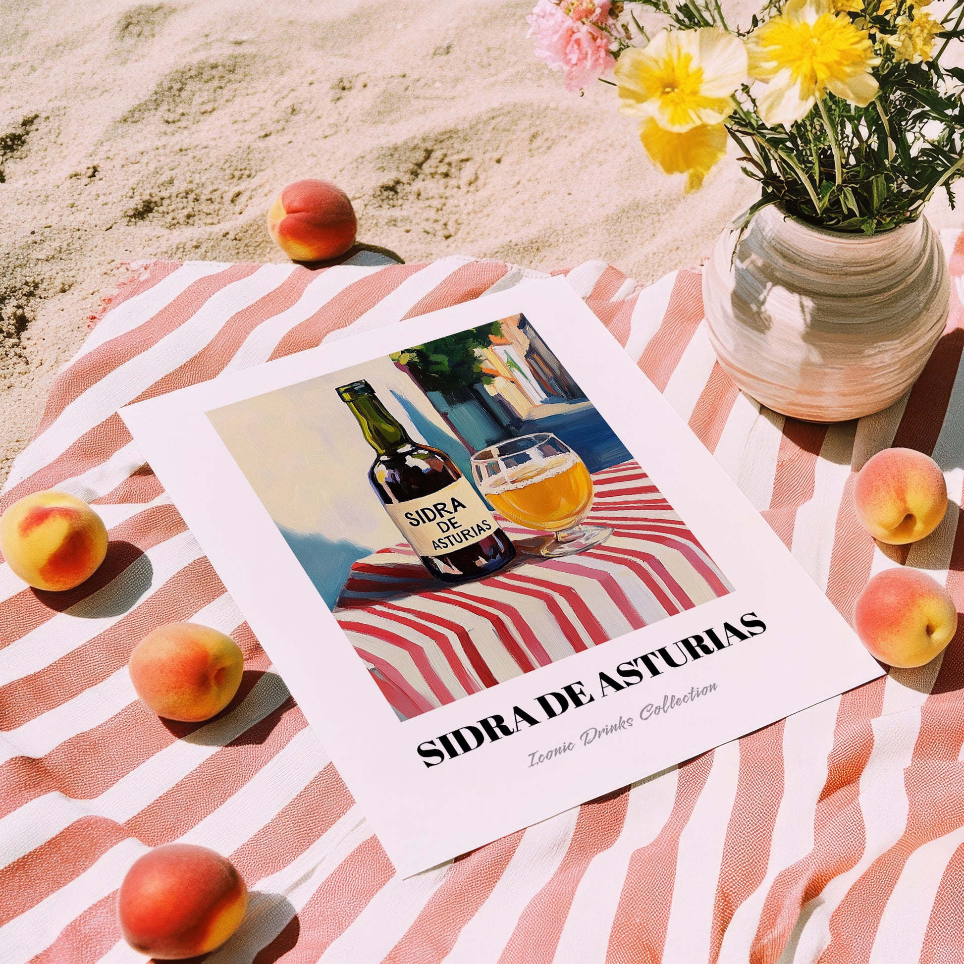 Sidra De Asturias – Spanish Urban Café Scene, Spanish Beverage, unframed on coastal sand