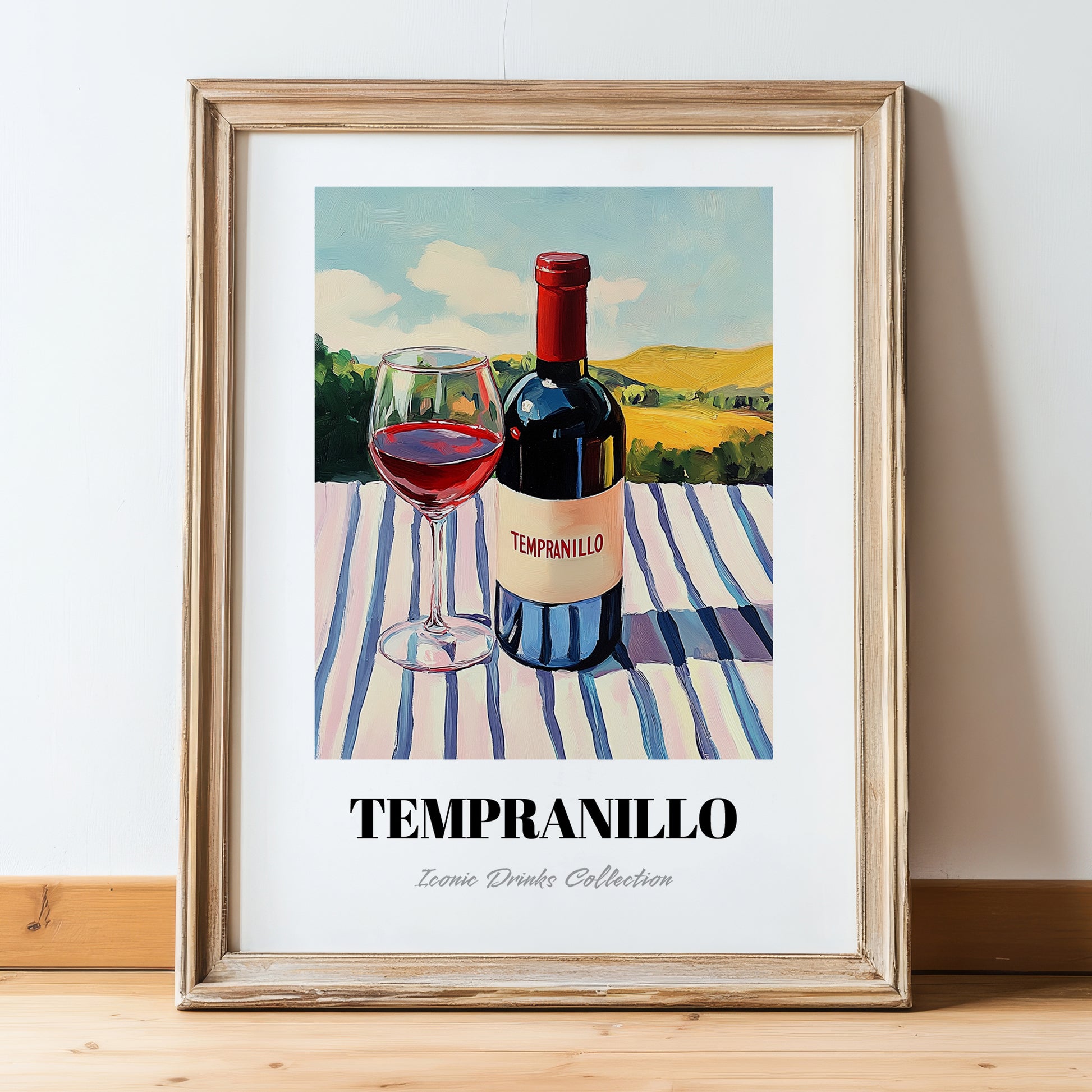 Tempranillo – Spanish Hillside Café View, Spanish Wine Wall Decor, in wooden frame leaning on the floor