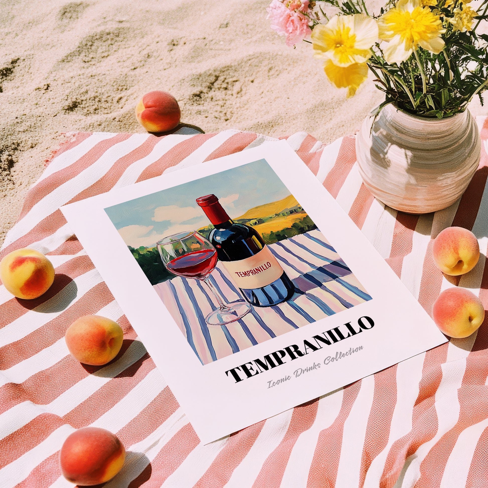 Tempranillo – Spanish Hillside Café View, Spanish Wine Wall Decor, unframed on coastal sand