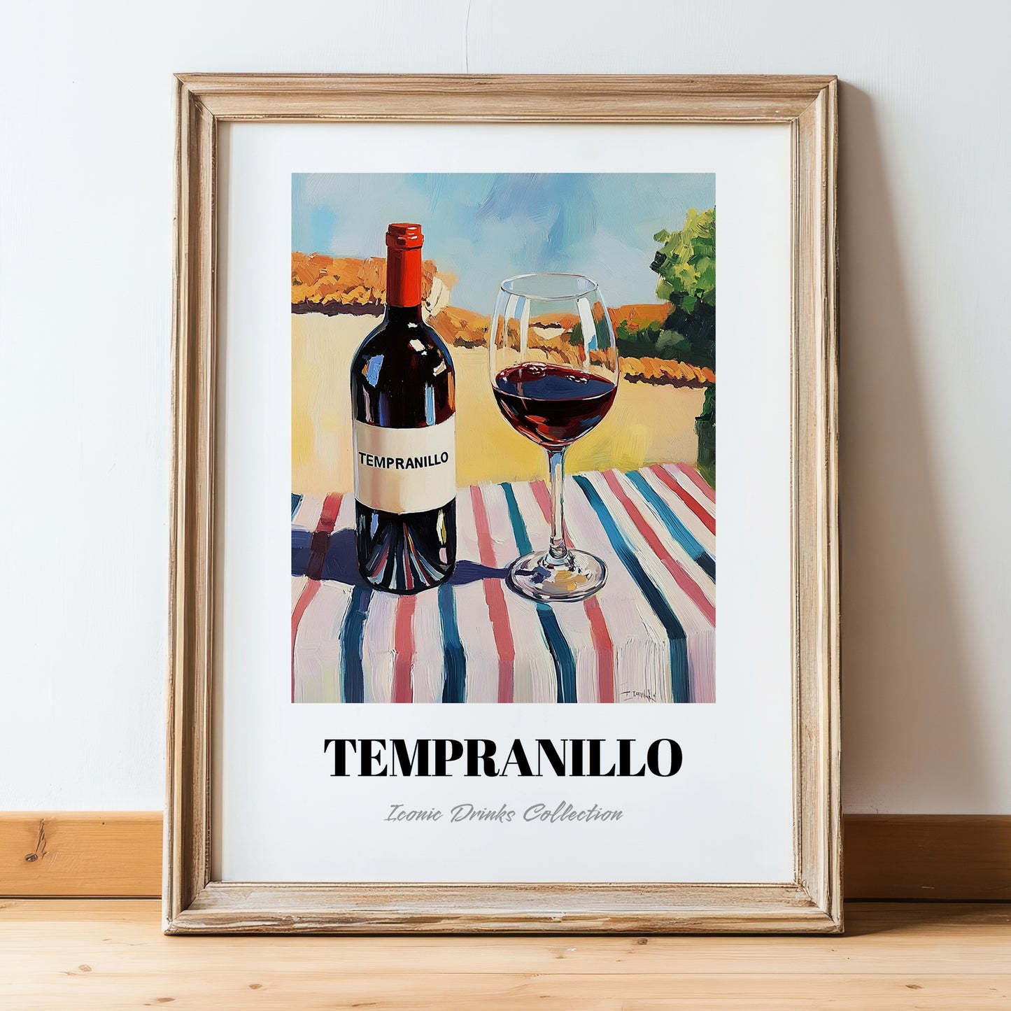 Tempranillo – Spanish Café on the Corner, Spanish Wine Painting, in wooden frame leaning on the floor